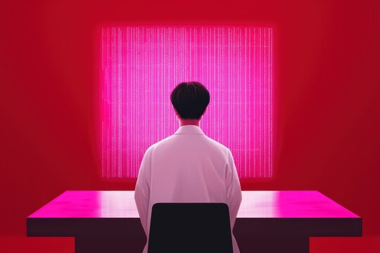 A person in a lab coat sits in front of a vibrant pink digital screen, immersed in data analysis, surrounded by a striking red background.