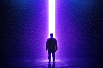 Obraz premium A silhouetted figure stands in a dark setting, illuminated by a beam of vibrant light, evoking a sense of contemplation and mystery.