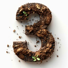Dirt number 3, soil isolated on white, number of the English alphabet isolated on white background.