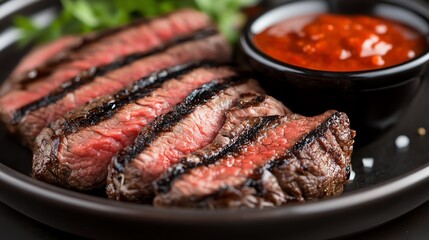 Juicy grilled steak slices served on a black plate with a side of savory red sauce, garnished with fresh greens. Perfect for a gourmet meal.