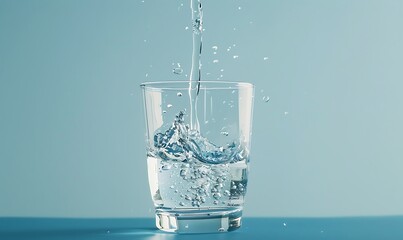 Water pouring into a glass on blue background with copy space for text © Md Mojammel