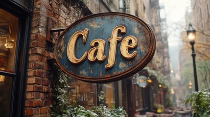 A sign with the word Cafe on it displayed outside of a cozy coffee shop located on a charming narrow street filled with greenery and warm lights