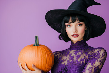 brunette woman facing forward with short bob haircut wearing dark purple dress and dark purple pointy witch hat close up holding a pumpkin, purple background