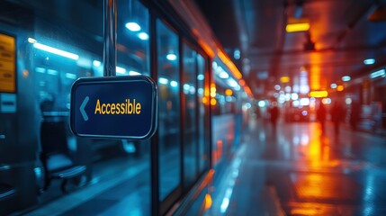 A well-lit, modern subway station with reflective floors and bright signage indicating accessibility, showcasing a blend of technology and urban infrastructure