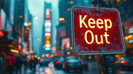 A bustling city street at night with bright lights and signs, prominently featuring a weathered Keep Out sign in sharp focus, highlighting urban restrictions