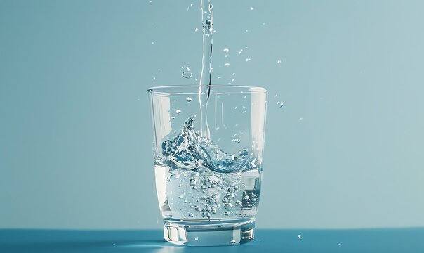 Water pouring into a glass on blue background with copy space for text