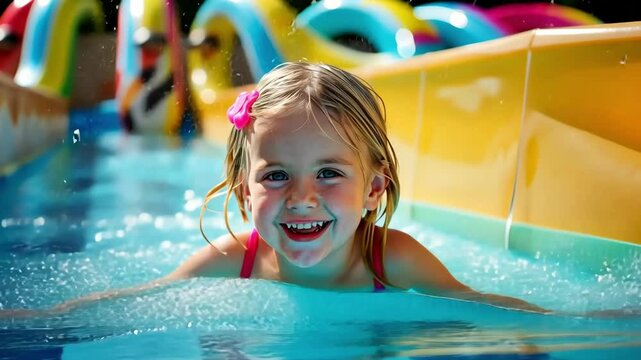 Young girl joyfully splashes in colorful water slide at amusement park on a sunny day