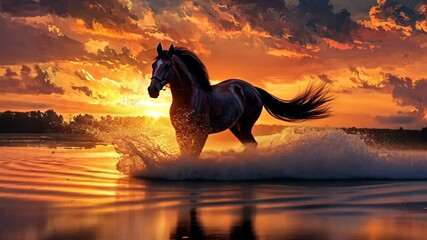A black horse gallops through the water at sunset, creating a splash of white foam - Powered by Adobe