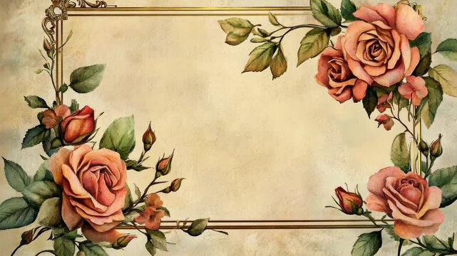 A vintage illustration of roses blooming on a branch, framed in gold, on a textured beige background