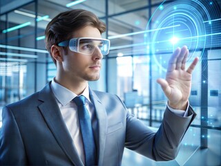 professional wearing smart glasses interacting with holographic interface