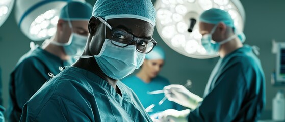 Surgeons performing a complex operation in a modern operating room, showcasing teamwork and precision in the medical field.
