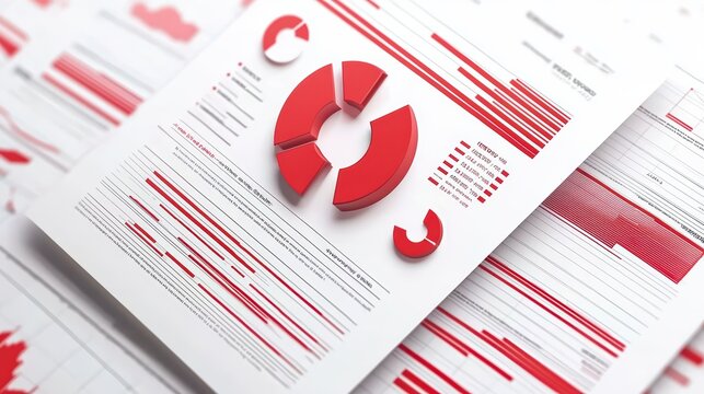 Professional business reports with red graphics and performance analytics displayed on white paper documents.
