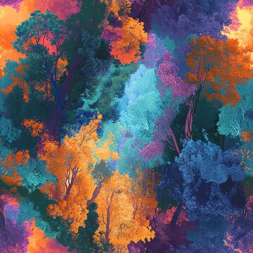 Tilted angle view of a surreal forest, vibrant colors blending digital patterns and natural elements