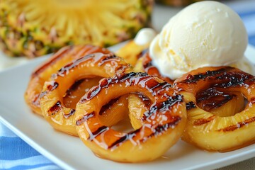 Grilled pineapple rings with a drizzle of caramel sauce served with a scoop of vanilla ice cream on a white plate. Perfect summer dessert.