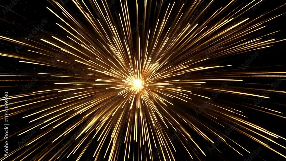 Poster a close-up view of a golden light source radiating outwards in a dark environment, creating a starbu
