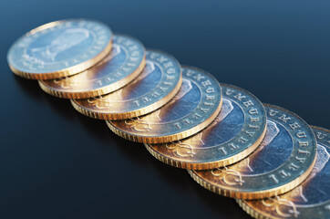 Close-up of a group of five Turkish lira coins. 3D rendering illustration.