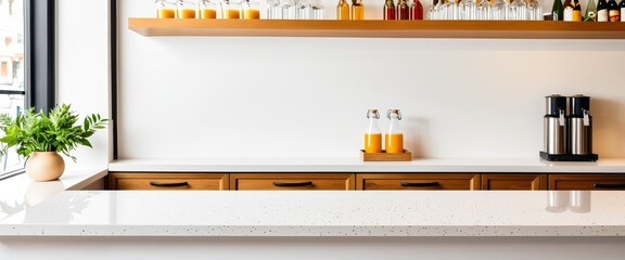 White Countertop Against Backdrop of Restaurant Bar for Product Presentation
