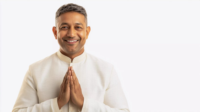 Pranam gesture by indian man isolated on white background 