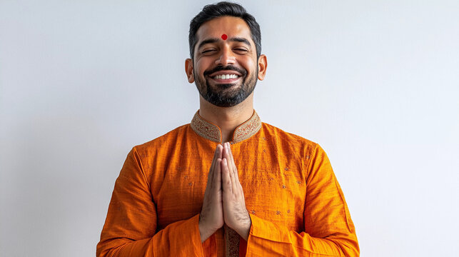Indian man namaste gesture wearing kurta isolated on white background