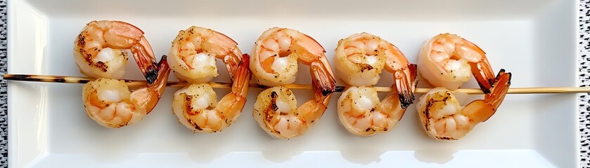 Grilled shrimp skewers on a white rectangular plate, perfect for seafood lovers and gourmet presentations.