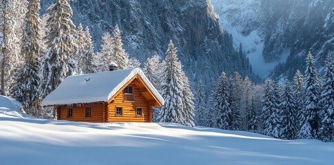 A cozy wooden cabin nestled amongst snow-covered trees and a dramatic mountain backdrop.