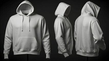 Front, side, and back views of a white hoodie mockup template showcasing its design and fit.