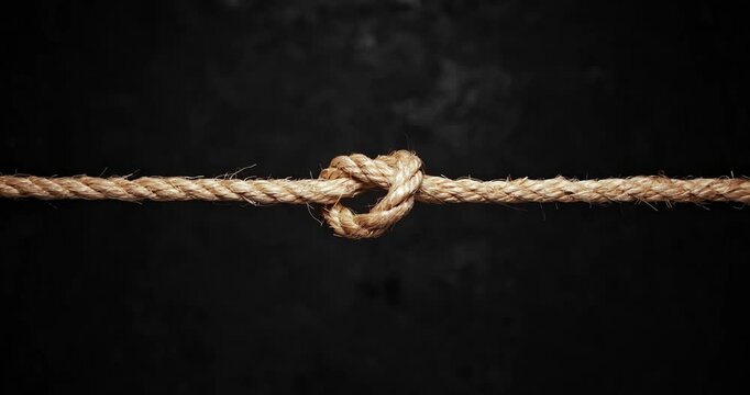 Rough twine rope slowing pulled into a tight center knot.