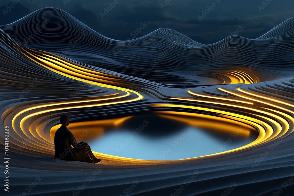 Poster 3d futuristic landscape with a figure sitting by a digital lake, reflecting on yesterdayâ€™s virtual
