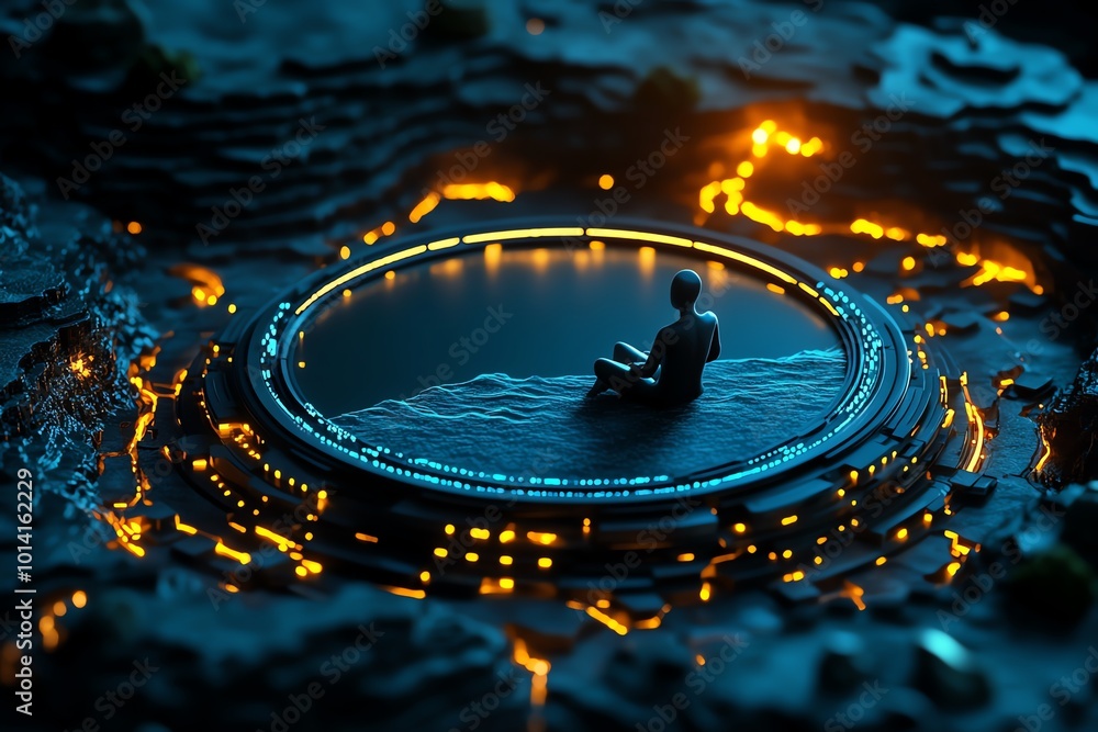 Poster 3d futuristic landscape with a figure sitting by a digital lake, reflecting on yesterdayâ€™s virtual