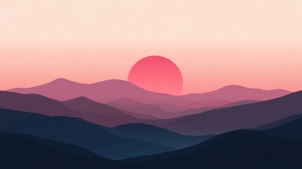 Obraz premium Serene Distant Hills at Sunset, gentle hues of pink enveloping minimalist landscape, tranquil and inviting atmosphere, perfect for relaxation
