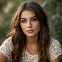 A beautiful young woman with freckles stands gracefully in a lush green forest, surrounded by nature's tranquility.
