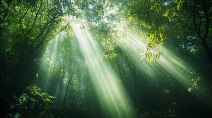 Motivational quote over a dense forest with beams of sunlight shining through the trees, creating a tranquil and uplifting mood.