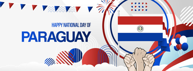Paraguay independence day banner with country flag. Modern abstract art for various purposes such as national holiday greeting cards, sports and music event posters, web headers. Horizontal design