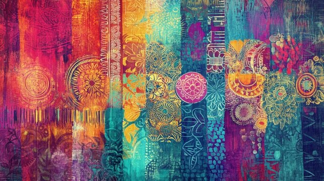 Motivational quote set against a rich Indian tapestry pattern with bright colors and detailed textures.