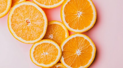Fresh orange slices on pink background, vibrant and juicy concept