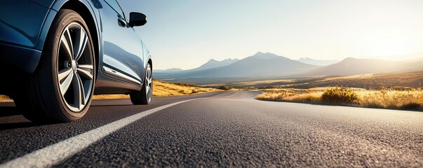 A closeup of a car traveling down a winding road through a scenic landscape