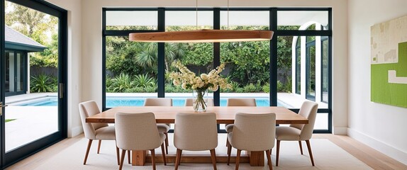 modern dining room with a large, arched window that provides a view of a lush garden and a swimming pool.