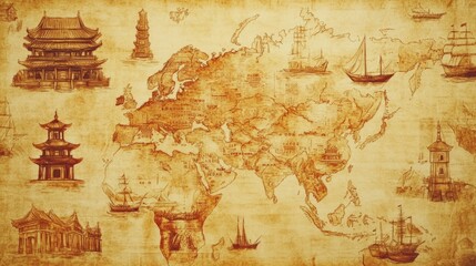 Naklejka premium Vintage Map of Asia with Landmark Illustrations.
