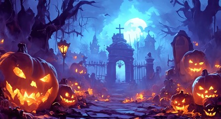 Jack O' Lanterns in a Spooky Graveyard at Night - Halloween Background