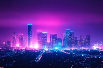 Fototapeta premium Inspirational neon light quote with a city skyline at night, glowing with electric colors, ideal for a bold Facebook post.