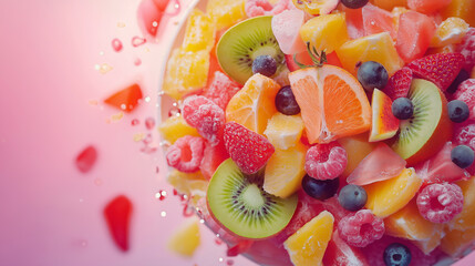 A plate of fruit salad with strawberries, kiwi, and oranges