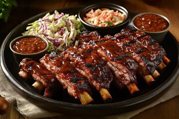 Delicious barbecued ribs served with coleslaw and sauce on a black plate. Perfect for a savory meal or outdoor barbecue feast.