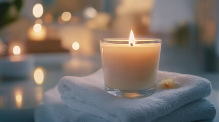 Aromatic candle with towel at spa centre