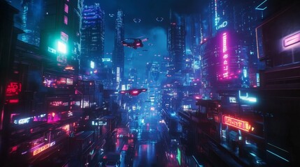 Obraz premium Inspirational quote with a futuristic cityscape at night, featuring glowing lights and flying vehicles, perfect for a tech-inspired message.