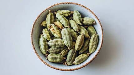 Top view of cardamom on white background, aromatic spice