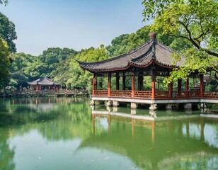 Fototapeta premium Traditional Chinese Pavilions in Hangzhou’s West Lake Surrounded by Lush Gardens and Reflective Waters, Creating a Serene Cultural Landscape Perfect for Peaceful Meditation and Photography