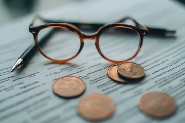 Glasses, coins, and pen on financial documents