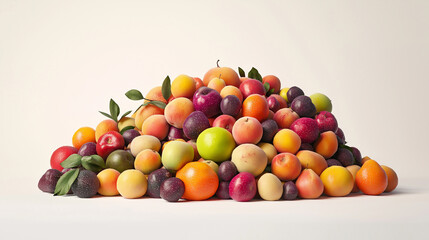 A pile of fruit including apples, oranges, and plums