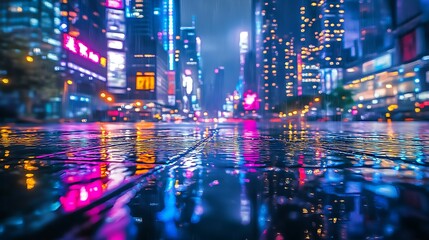 Naklejka premium A wet city street at night with colorful lights reflecting in puddles.