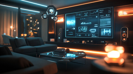 Futuristic Smart Home Scene: Interconnected Living Room with Modern Furniture, Smart Devices, User-Friendly Interface, Ambient Lighting, Holographic Displays, Emphasizing Comfort, Efficiency, and Conv